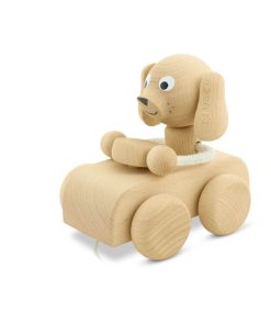 naturel houten trekfiguur hond in auto Sassefras